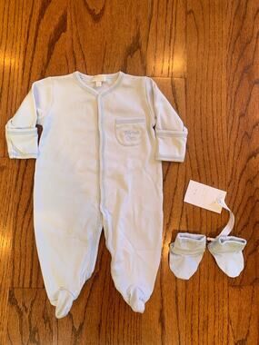 Harrods "Harrods Baby' Embroidered Onesie Pajamas & Booties | Light Blue | 0-3M